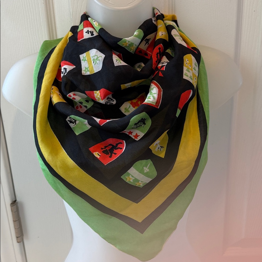 Colorful Heraldic Pattern Scarf Silk Chiffon. Handroled VTG